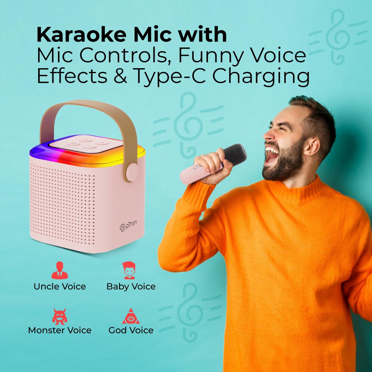 Mini Bluetooth Speaker, Wireless Karaoke Mic, 8Hrs Playtime, Vivid RGB Lights, Voice Effects, Multi-Play Modes BT5.1/TF Card & Type-C Charging Light Pink GenzVybs