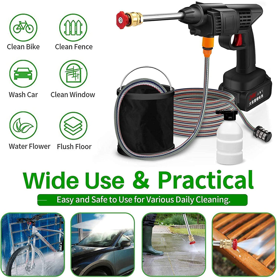 Cordless Car Washer High Pressure Gun - Car Washing 48V Rechargeable Electric Pressure Washer Gun Bike, Car Washing Pump, Portable Car Washer with Adjustable 3 in 1 Nozzle and 5M Pipe. Black GenzVybs